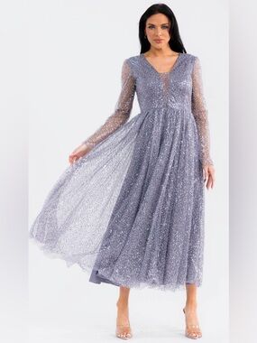 JUST ME Silver Sequin Tulle Midi Dress Long Sleeve NWT Various Sizes Formal